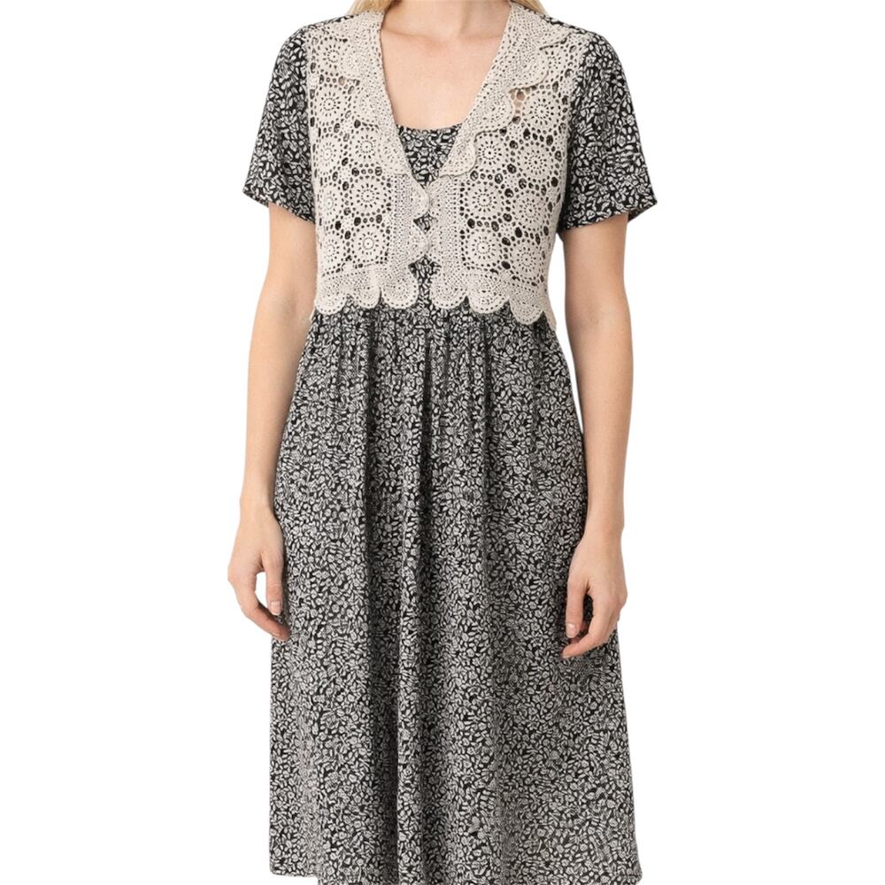 Vintage Carol Anderson Midi Dress Floral Crochet V Neck Tie Waist Black White M